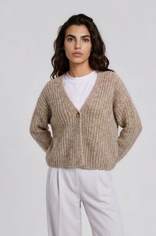 Milano Strickjacke/Cardigan sand, unifarben, Grobstrick, langärmlig, V-Ausschnitt