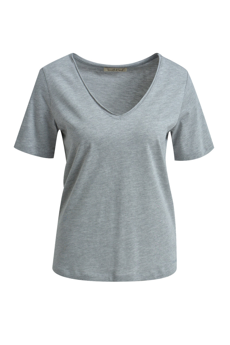 Smith & Soul T-Shirt grey melange, grau, kurzärmlig, V-Ausschnitt, unifarben