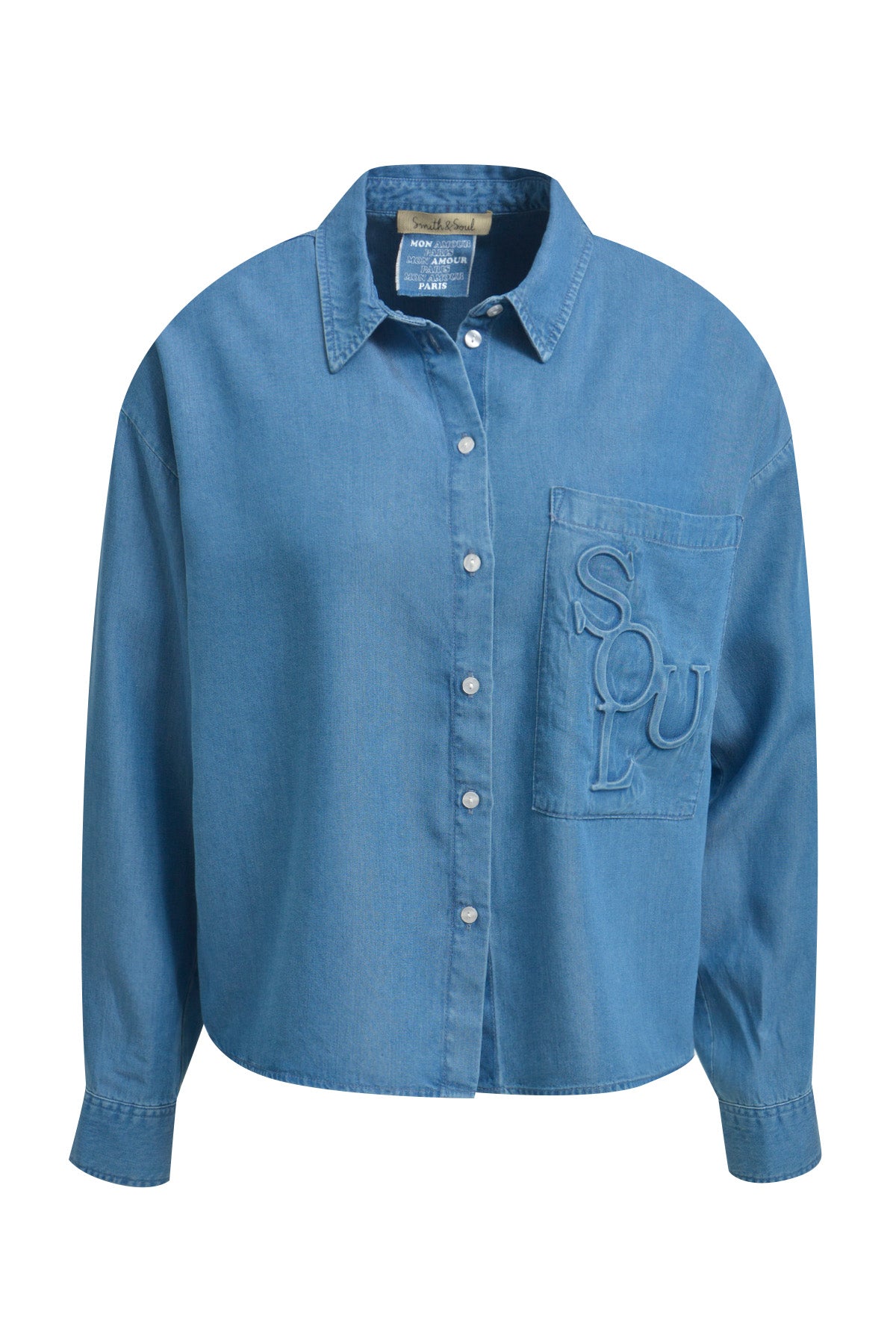 Smith & Soul Boxy Hemdbluse denim, blau, Kragen, kurz geschnitten