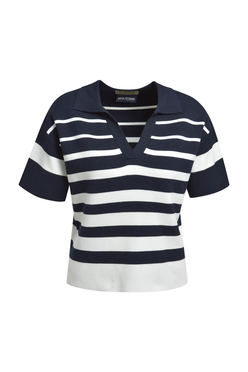 Smith & Soul Kurzarm-Pullover offwhite print, kurzärmlig, V-Ausschnitt mit Polokragen