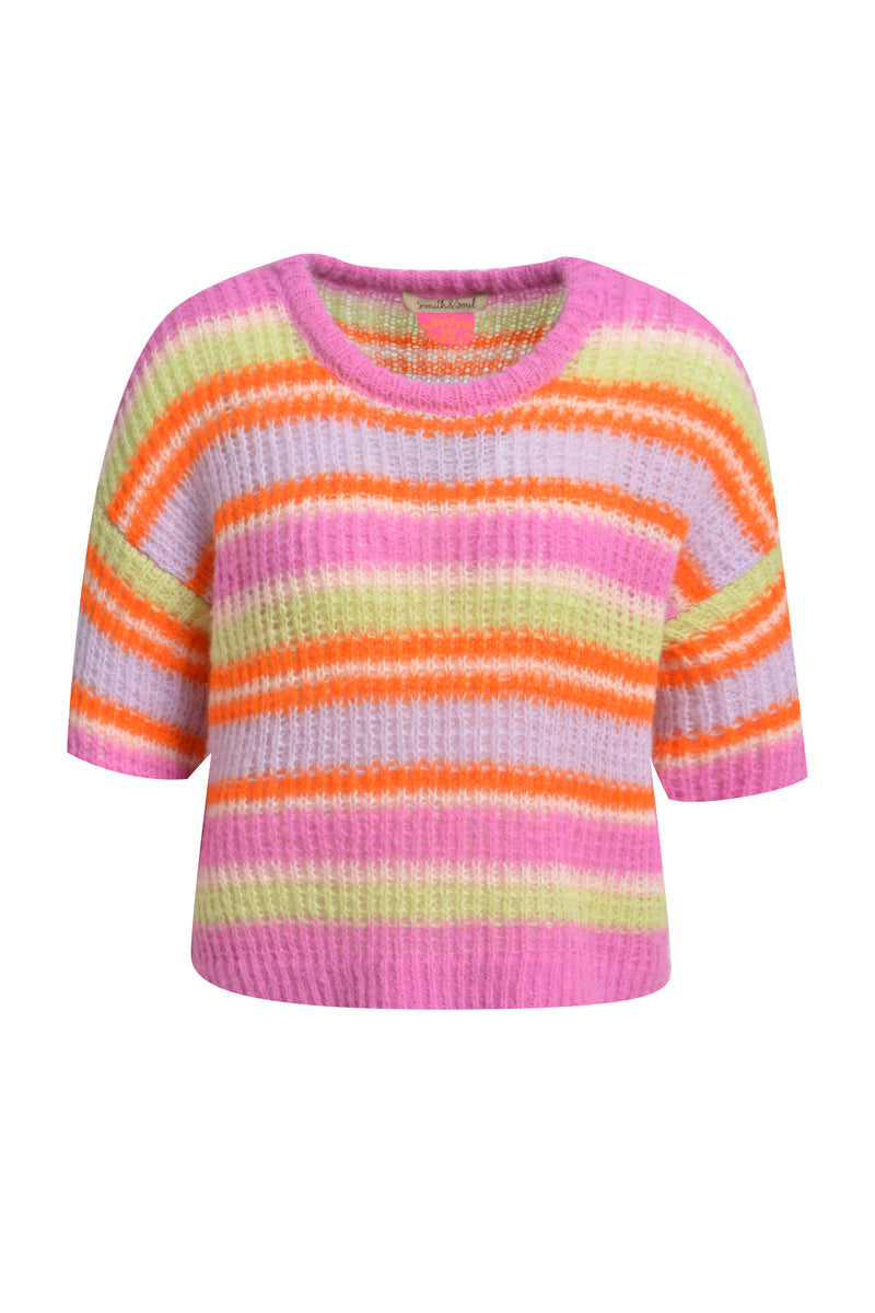 Smith & Soul Hairy Kurzarm-Pullover hot orange print, bunt gestreift, Kurzarm, mit Alpaka