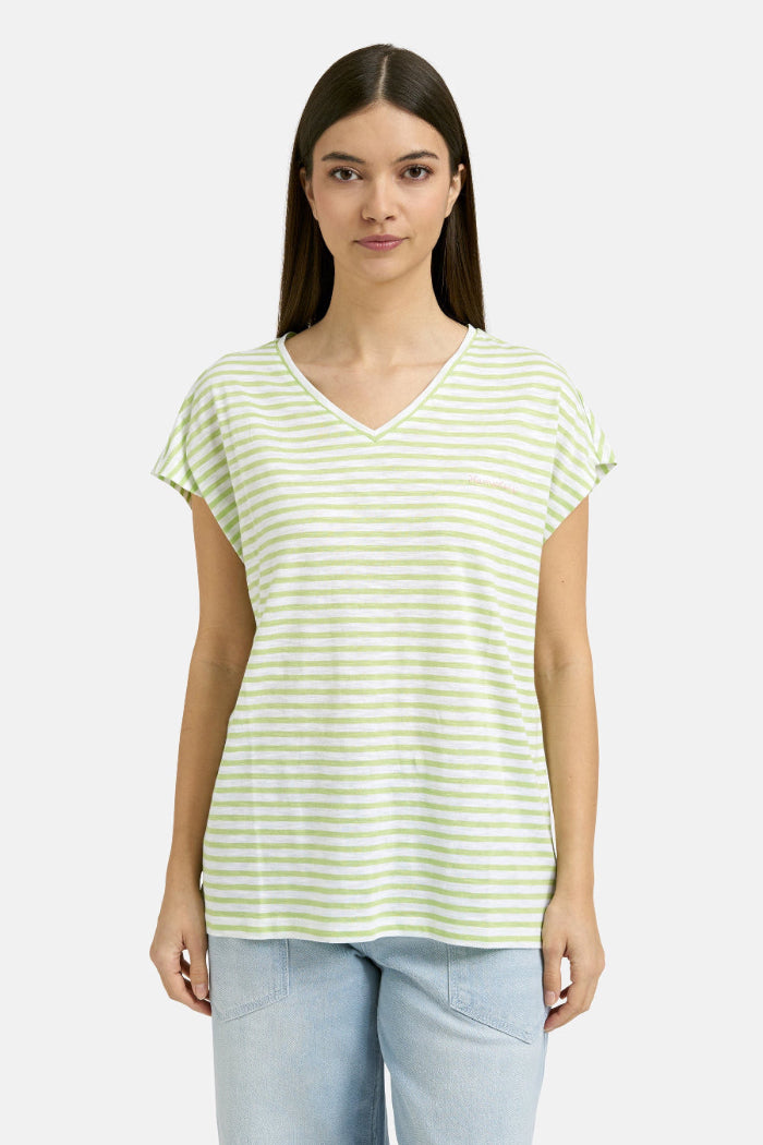 Smith & Soul T-Shirt oversized gestreift spring green, V-Ausschnitt, grün/weiß