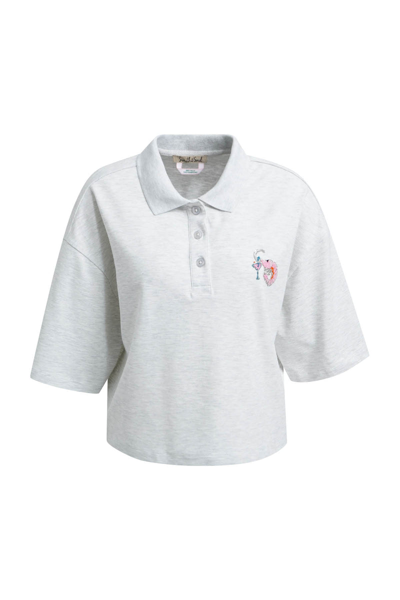 Smith & Soul Boxy Poloshirt grey melange, Kragen, Perlenstickerei