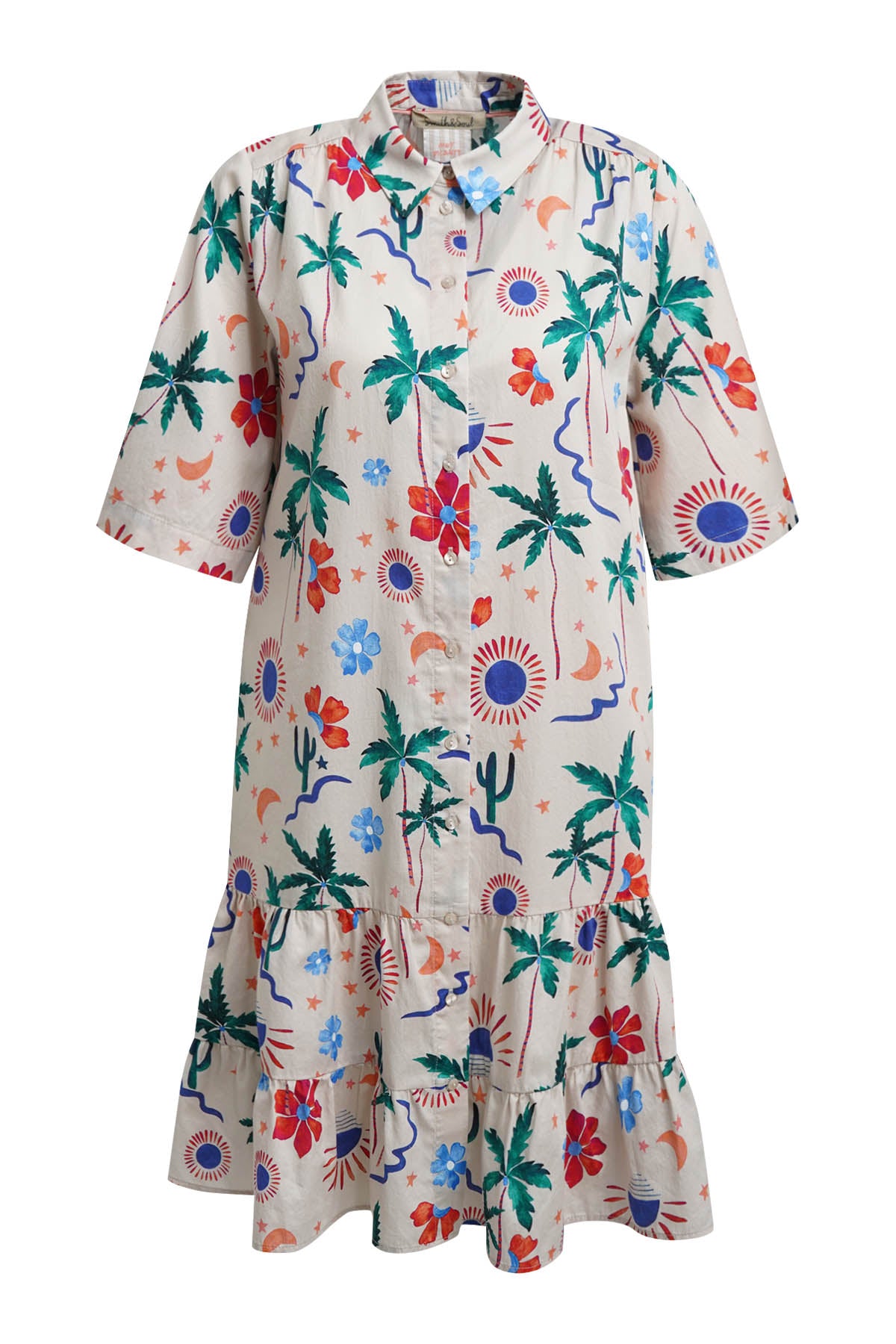 Smith & Soul Sommerkleid beige print, bunt, gemustert, Volants, Kragen, Baumwolle