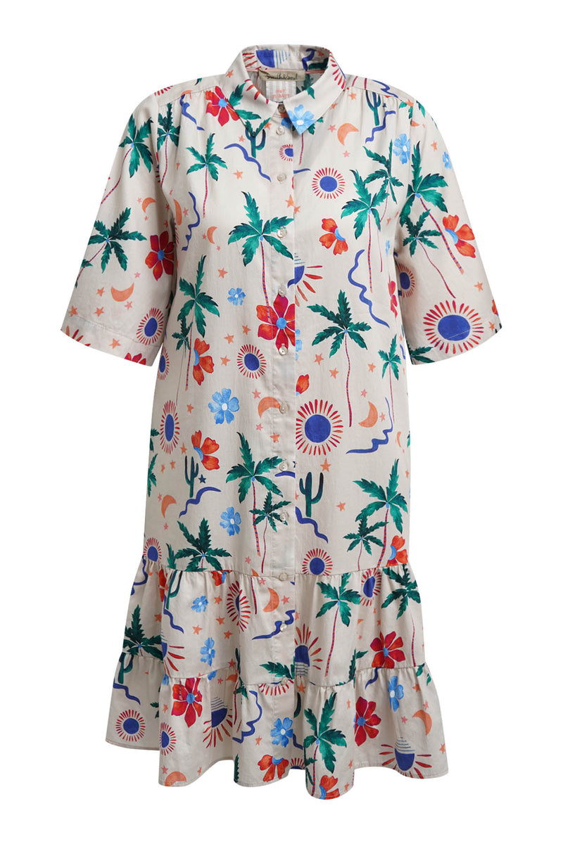 Smith & Soul Sommerkleid beige print, bunt, gemustert, Volants, Kragen, Baumwolle