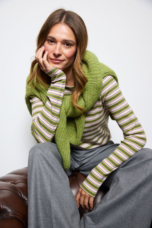 Smith & Soul Longsleeve gestreift pea green, weiter Rundhalsausschnitt, gerippt