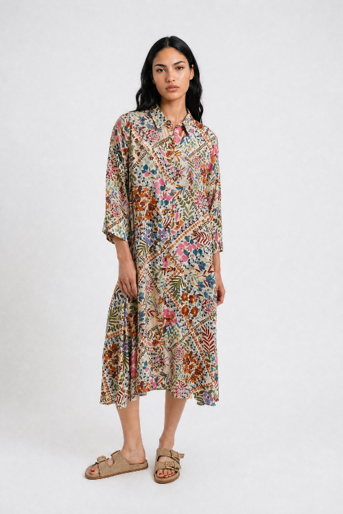 Smith & Soul Hemdblusenkleid beige print, bunt, gemustert, Kragen, weite Ärmel 