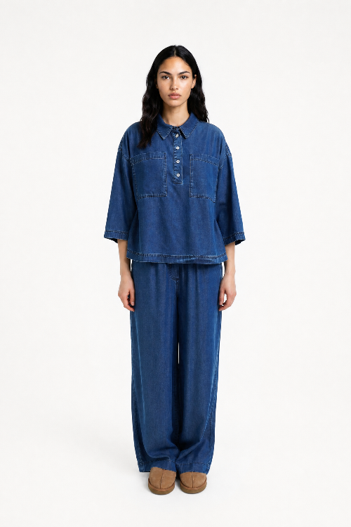 Smith & Soul Polobluse denim, Jeansbluse, Kragen, Taschen, Lyocell