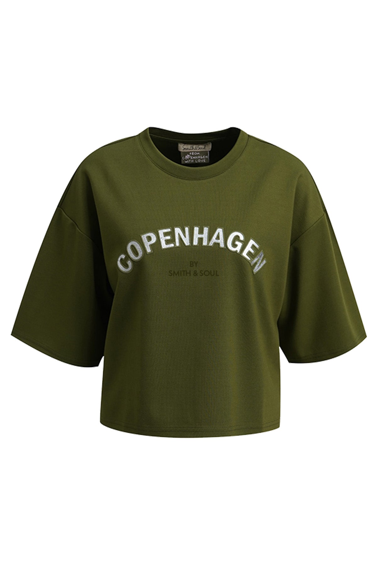 Smith & Soul Boxy Sweatshirt olive, kurzärmlig, Metallic Applikation