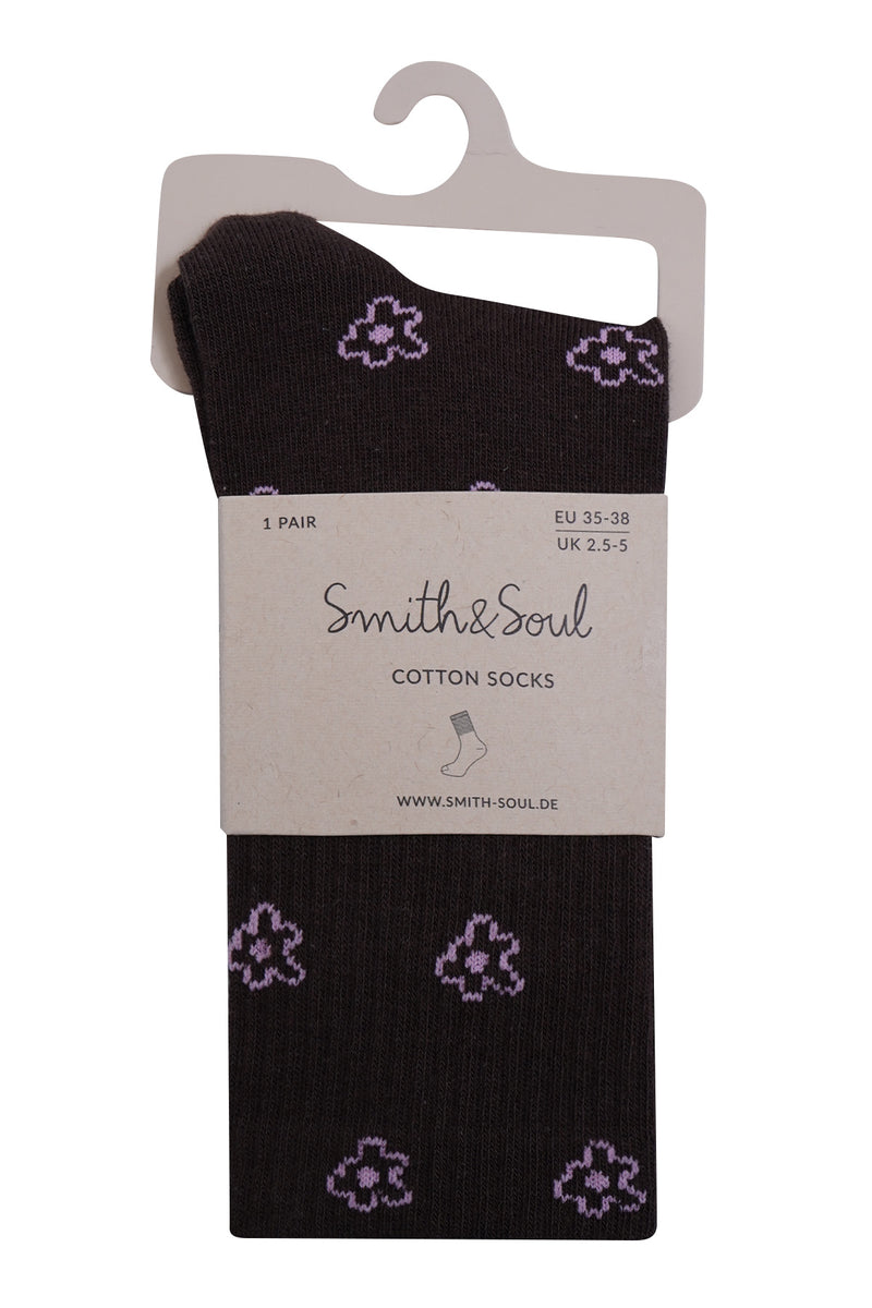 Smith & Soul Socken dark choc, dunkelbraun, all over Blumenprint, pink