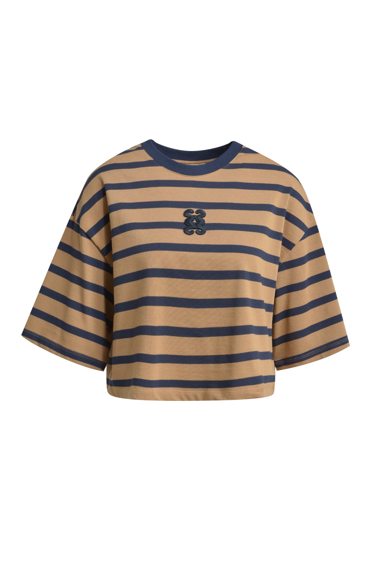 Smith & Soul, T-Shirt, Cropped, oversized, kurz, gestreift, caramel/navy