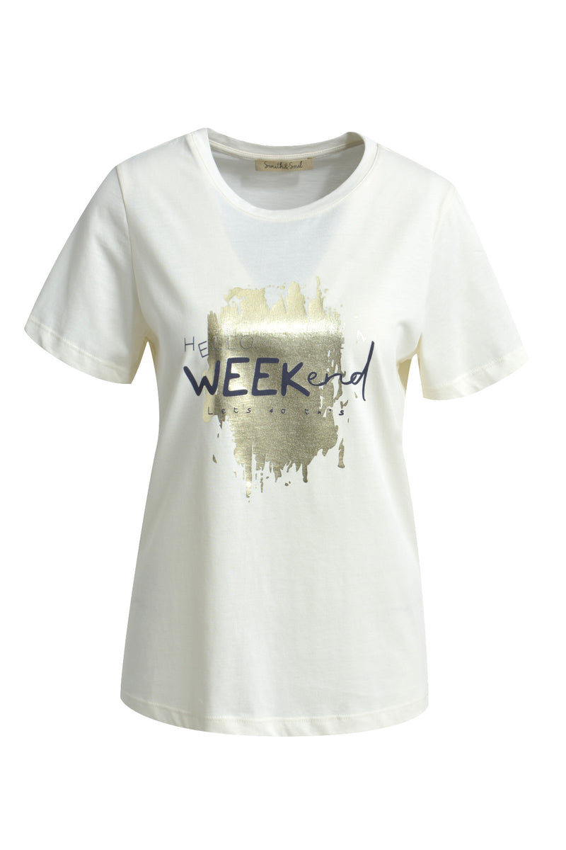 Smith & Soul. T-Shirt, Print, glänzend, Hello Weekend, cream white, off-white, weiß
