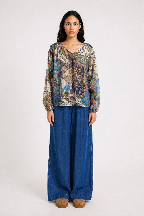 Smith & Soul Bluse saphire print, bunt, gemustert, V-Ausschnitt, langärmlig, Baumwolle