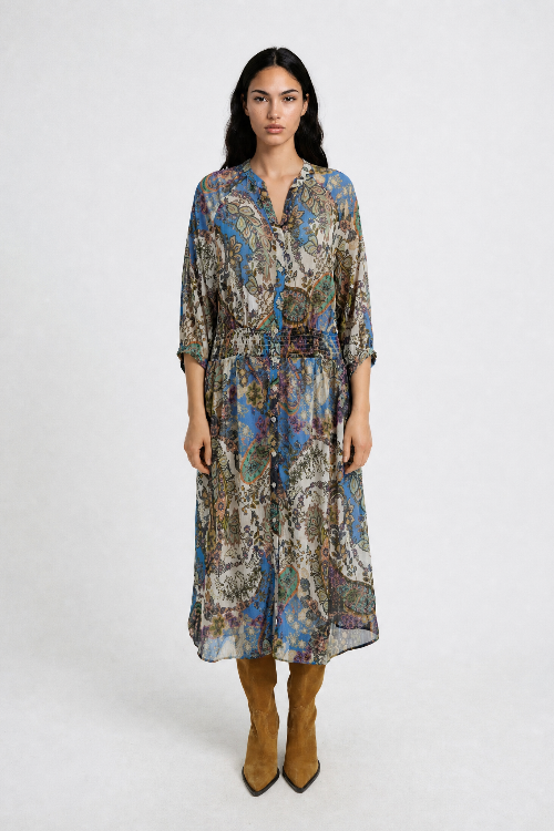 Smith & Soul Kleid saphire print, gemustert, bunt, V-Ausschnitt, geraffte Taille