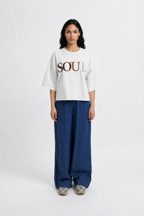 Smith & Soul Boxy Cropped T-Shirt sand, Schriftzug Soul, Farbverlauf
