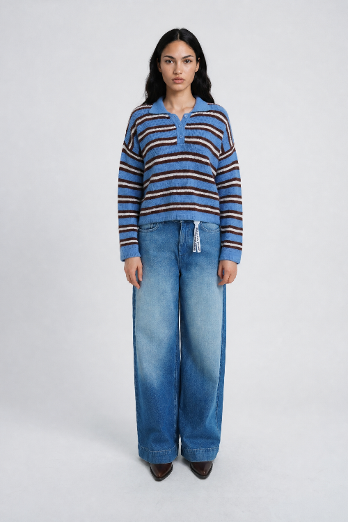 Smith & Soul Striped Pullover saphire print, Kragen, Polokragen, kurz