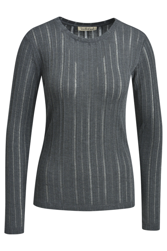 Smith & Soul Fancy Rib Longsleeve, Langarmshirt, anthrazit melange, Rundhalsausschnitt, Streifen