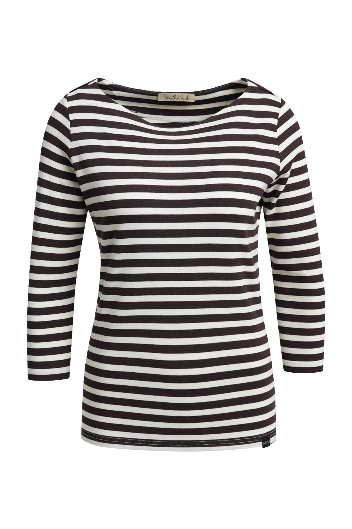 Smith & Soul Shirt gestreift dark choc, brau, weiß, 3/4 Ärmel, tailliert, Rundhalsausschnitt