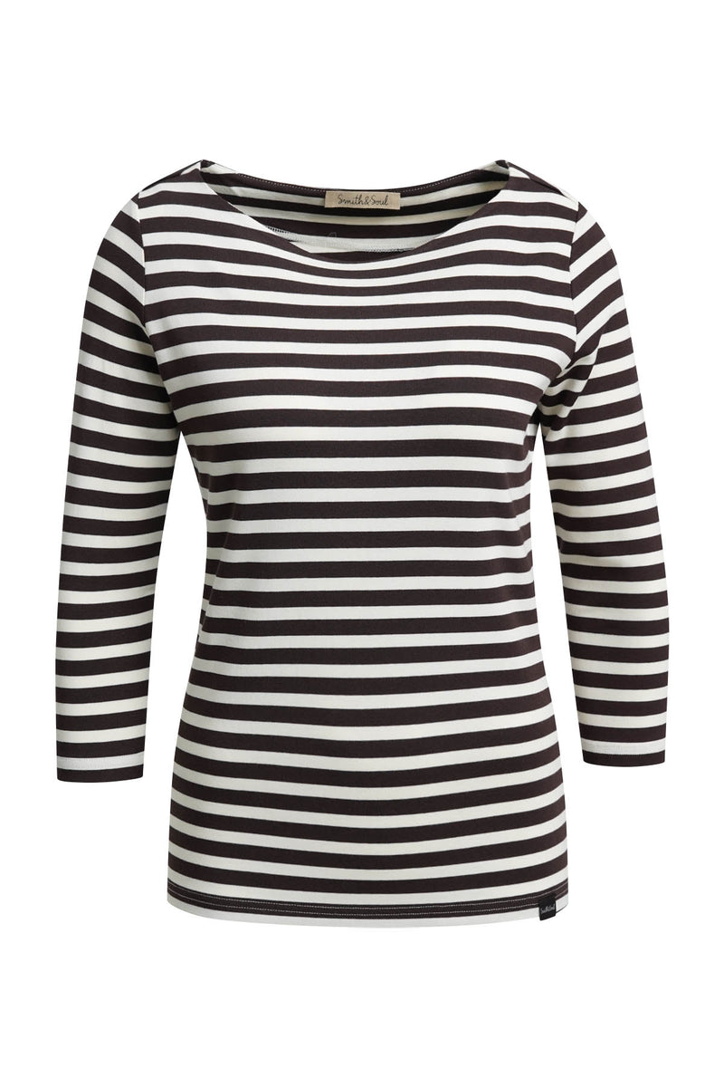 Smith & Soul Shirt gestreift dark choc, brau, weiß, 3/4 Ärmel, tailliert, Rundhalsausschnitt