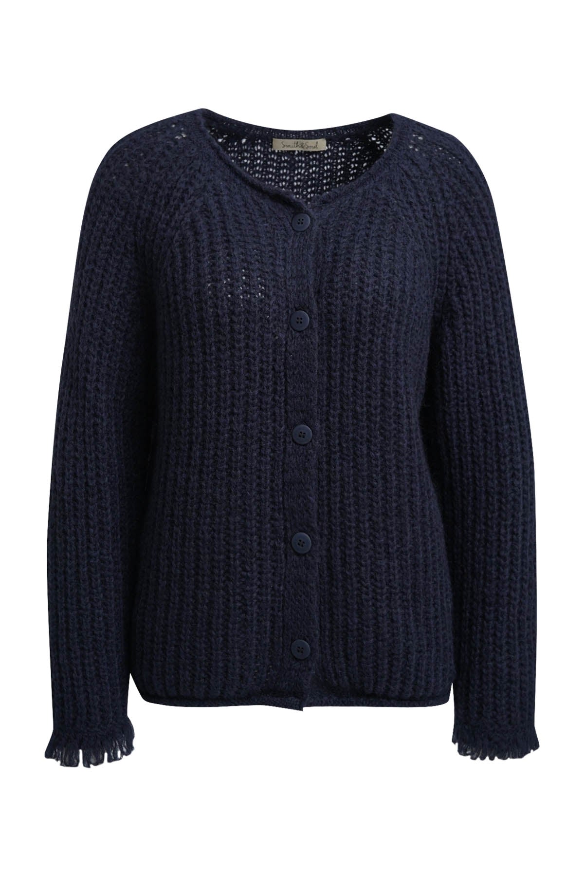Smith & Soul Hairy Strickjacke/Cardigan marine, unifarben, dunkelblau, Grobstrick, Fransen