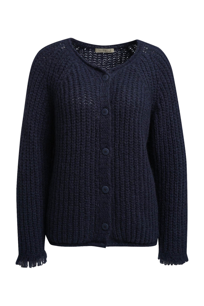 Smith & Soul Hairy Strickjacke/Cardigan marine, unifarben, dunkelblau, Grobstrick, Fransen