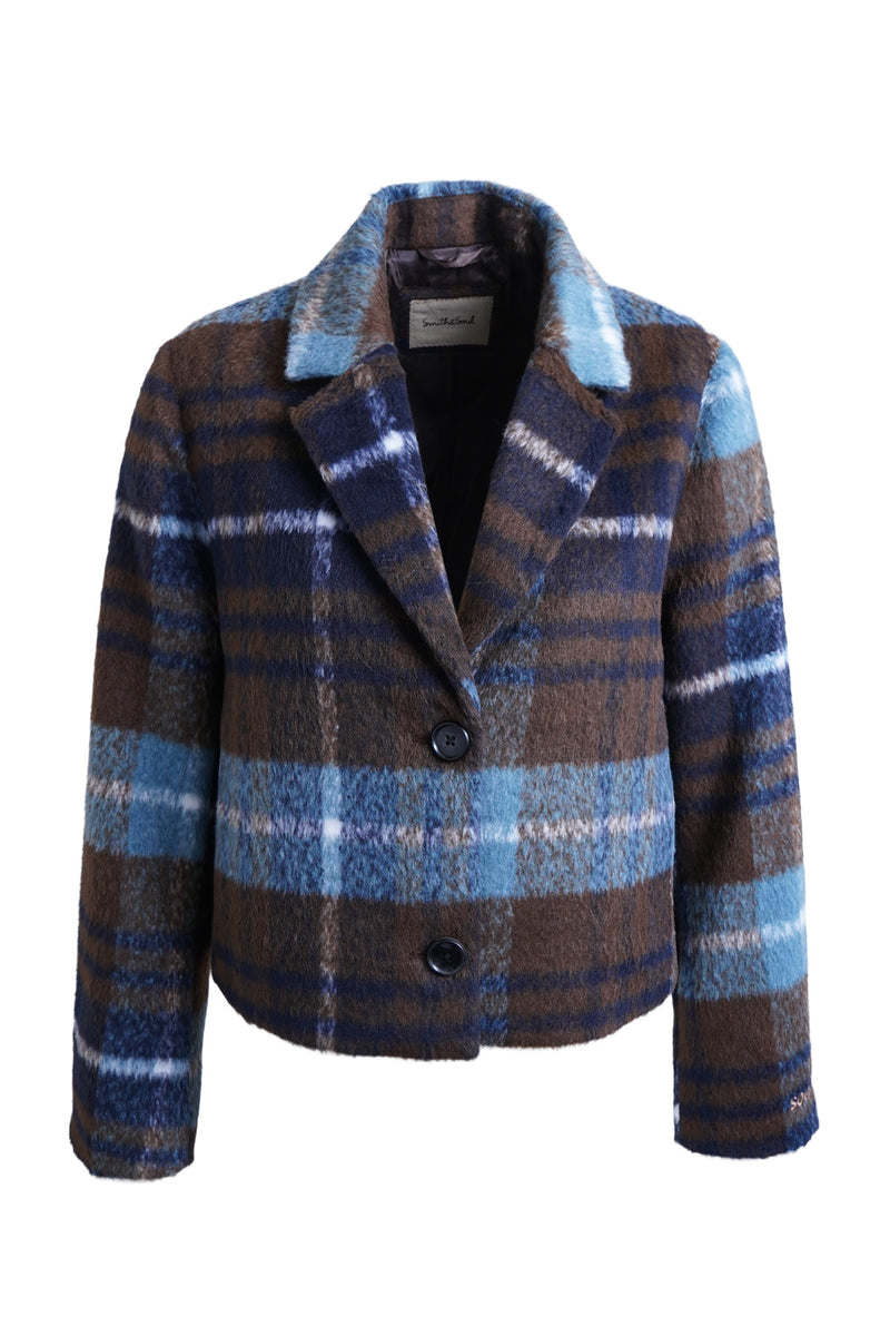 Smith & Soul Jacke kariert marine print, blau, braun, reverskragen, Taschen, Polyester