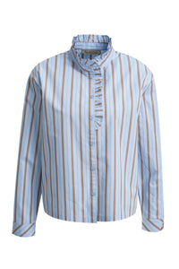 Smith & Soul Bluse gestreift light blue print, hellblau, braun, Streifen, Stehkragen, Knopfleiste, Rüschen, langärmlig, Baumwolle