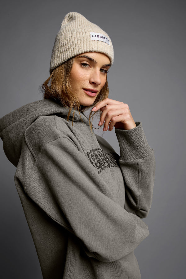Elbsand Wollmütze/Beanie Vappu light soft clay, beige, unifarben, gerippt, Umschlag