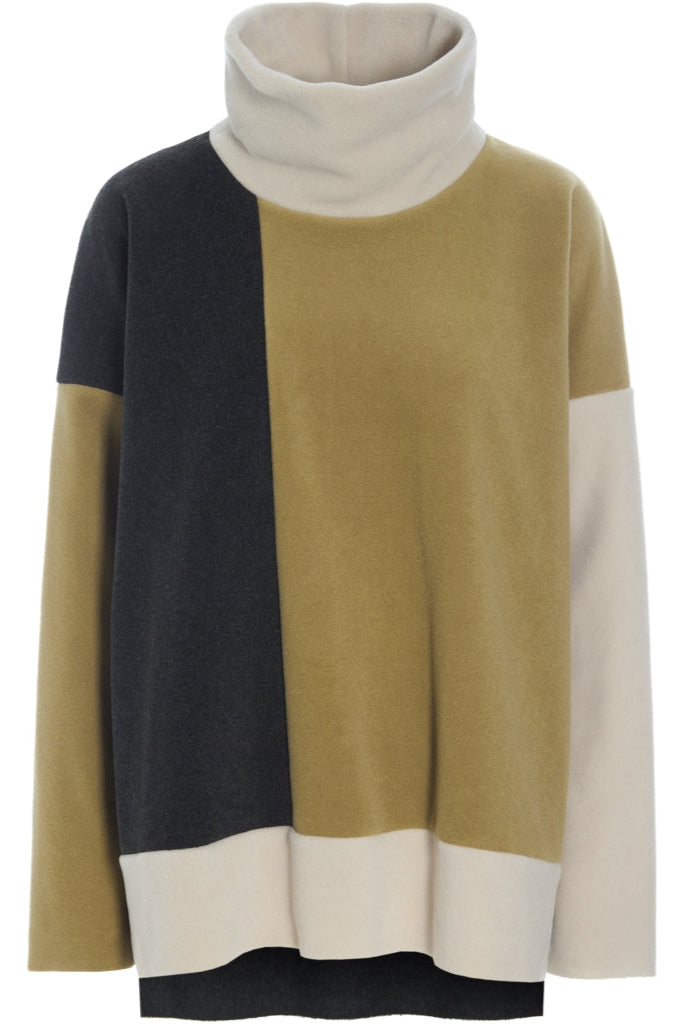 Henriette Steffensen Pullover, Sweater Patch, dreifarbig, olive, soft black, kit, hoher Stehkragen, lang