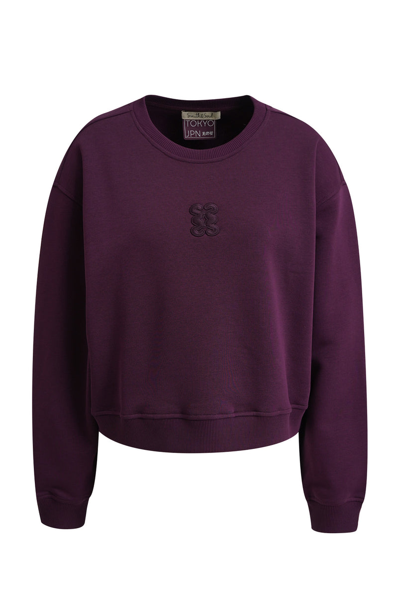 Smith & Soul Boxy Cropped Sweatshirt plum, lila, unifarben, Rundhalsausschnitt, Bündchen