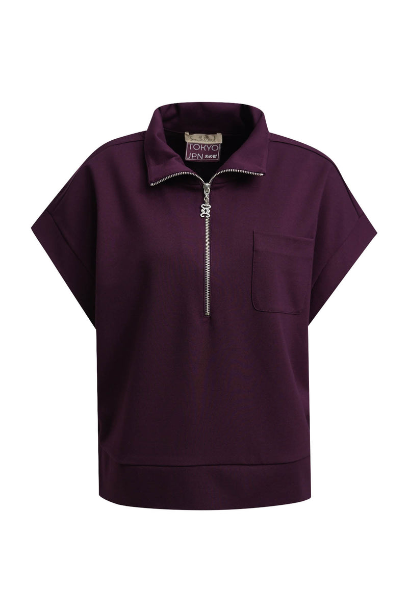 Smith & Soul Kurzarm-Sweatshirt plum, lila, unifarben, Kragen, Reißverschluss, kurzärmlig, 1/2 Arm, Brusttasche