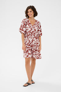 Kaffe Kleid KAevie henna chalk flower, gemustert, braun, rot, 1/2 Arm, V-Ausschnitt, knielang, Volants
