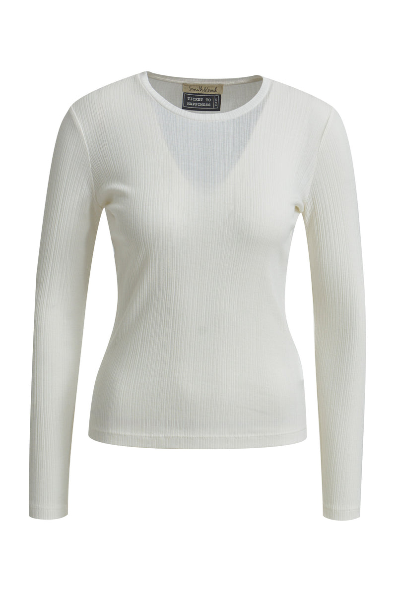 Smith & Soul Rib Longsleeve cream white, off-white, unifarben, Rundhalsausschnitt, Langarmshirt