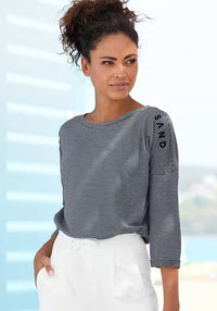 Elbsand Shirt Veera gestreift coldwater/cloud white, Streifen, blau-weiß, Rundhalsausschnitt, 3/4 Ärmel