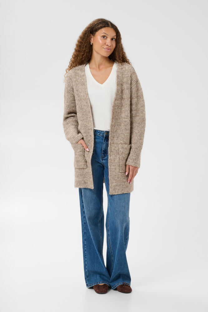 Kaffe Cardigan/Strickjacke KAkikki desert taupe melange, beige, langärmlig, aufgesetzte Taschen, offen, Longcardigan