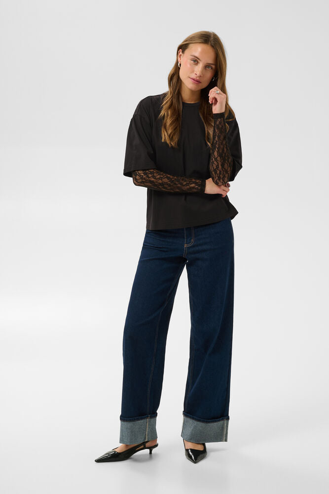 Kaffe Longsleeve KAdora black deep, schwarz, unifarben, T-Shirt mit langen Spitzenärmeln, cropped, boxy fit
