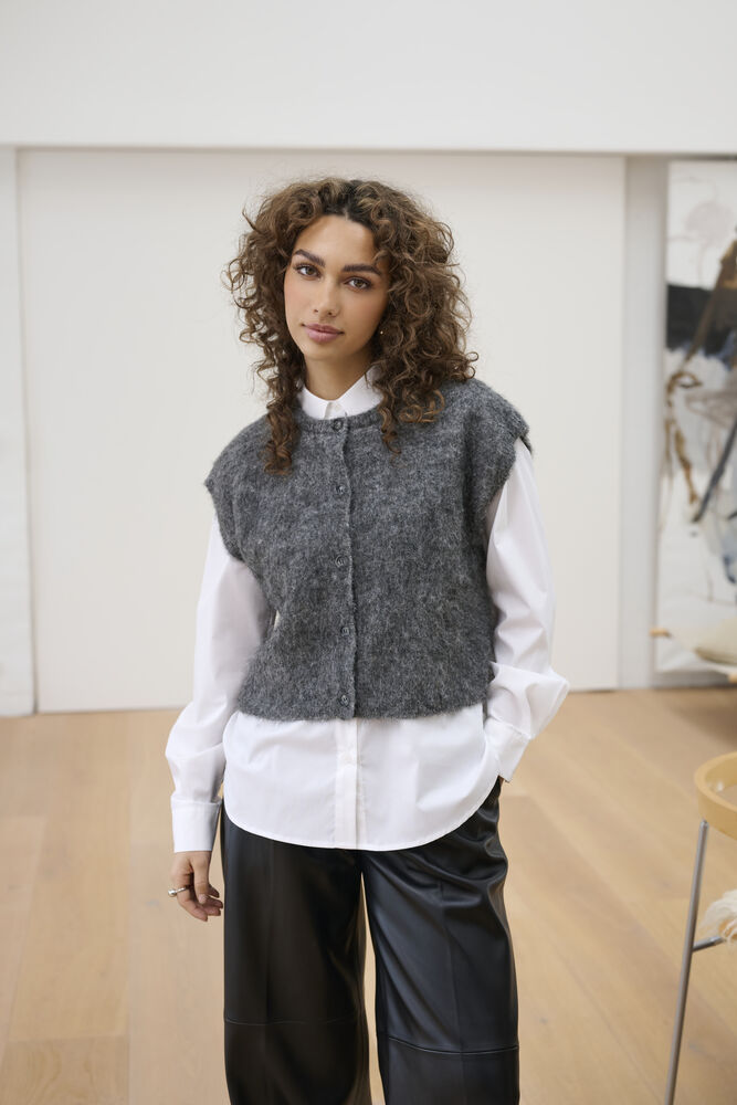 Kaffe Strickweste KAjordan dark grey melange, dunkelgrau, anthrazit, ärmellos, Rundhalsausschnitt, Knopfleiste, boxy fit, kurz