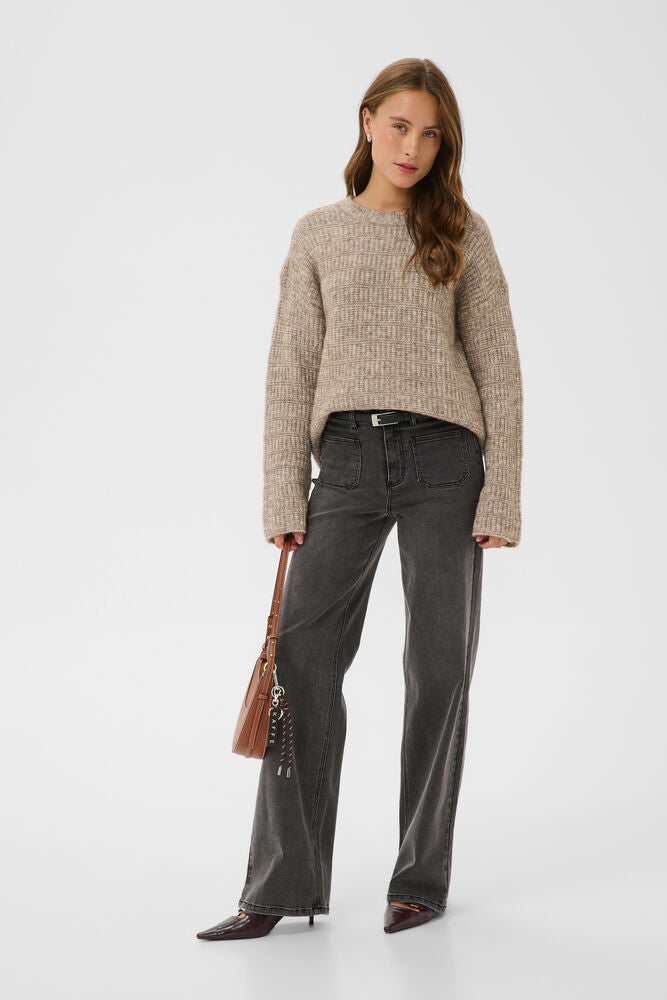Kaffe Pullover KAkikki desert taupe melange, beige, Rundhalsausschnitt, langärmlig, ausgefallenes Strickmuster