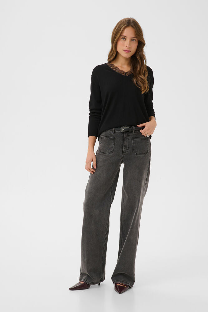 Kaffe Pullover KAlizza Lace black deep, schwarz, loose fit, langärmlig, V-Ausschnitt mit Spitze, unifarben