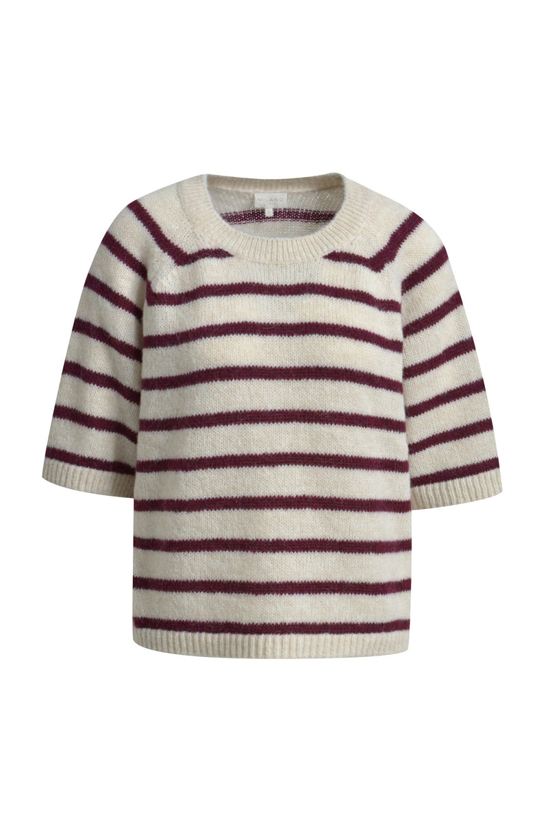 Milano Pullover, Strickpulli, Kurzarmpullover, gestreift, vino print, Rundhalsausschnitt, mit Alpaka & Wolle