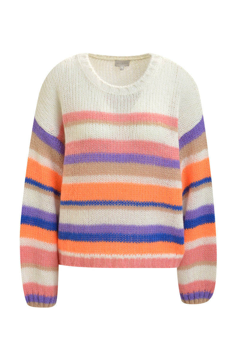 Milano Strickpullover gestreift neon coral print, Rundhalsausschnitt, mit Mohair