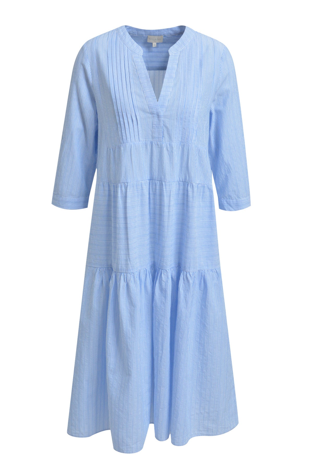 Milano Kleid azur print, gestreift, Volants, 3/4 Ärmel, Midi-Länge