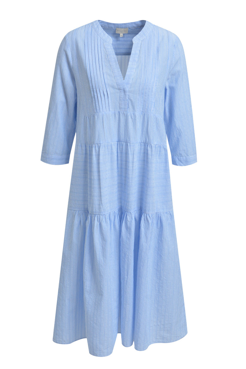 Milano Kleid azur print, gestreift, Volants, 3/4 Ärmel, Midi-Länge