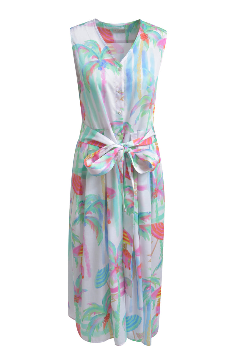 Milano Sommerkleid sand print, ärmellos, weiter Rock, Bindegürtel, V-Ausschnitt