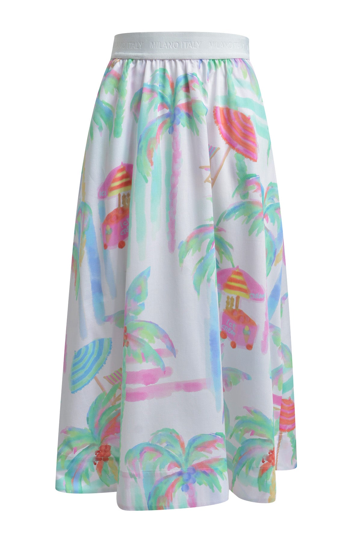 Milano Sommerrock sand print, Midi-Länge, Gummibund, bunt gemustert