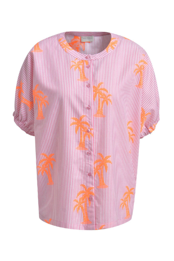 Milano Bluse pink print, gestreift, Palmen, rosa-weiß, oversized, kurzärmlig, Baumwolle
