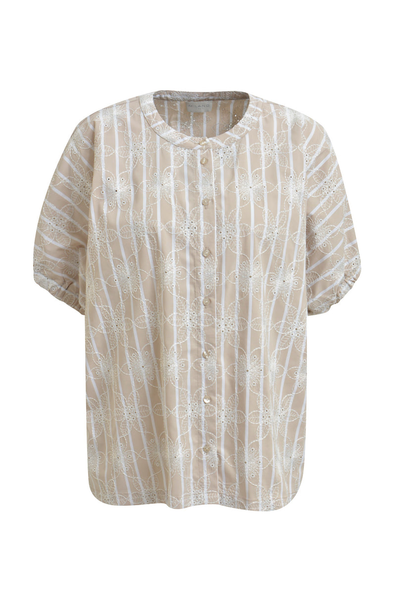 Milano Bluse natur print, gestreift, mit Lochstickerei, ohne Kragen, Rundhalsausschnitt, kurzärmlig