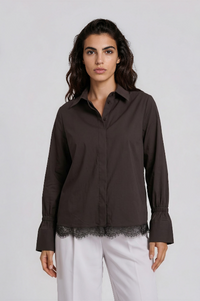 Milano Bluse mocca, unifarben, Rüsche am Saum, ausgestellte Ärmel, Kragen, Knopfleiste 