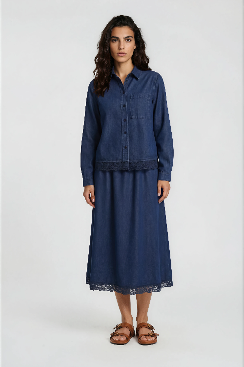 Milano Hemdbluse dark denim, Jeanshemd, Bluse, dunkle Waschung , Spitze Brusttasche, Lyocell