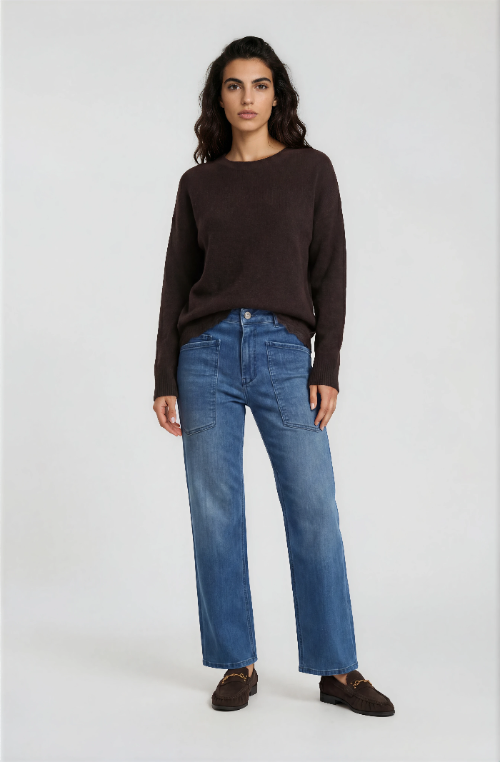 Milano Pullover mocca, unifarben, mit Spitze am Saum, langärmlig